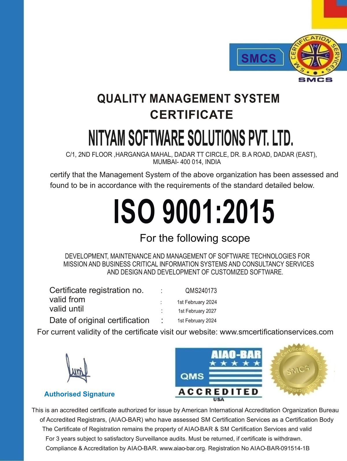 Nityam Software ISO 9001:2015 certification